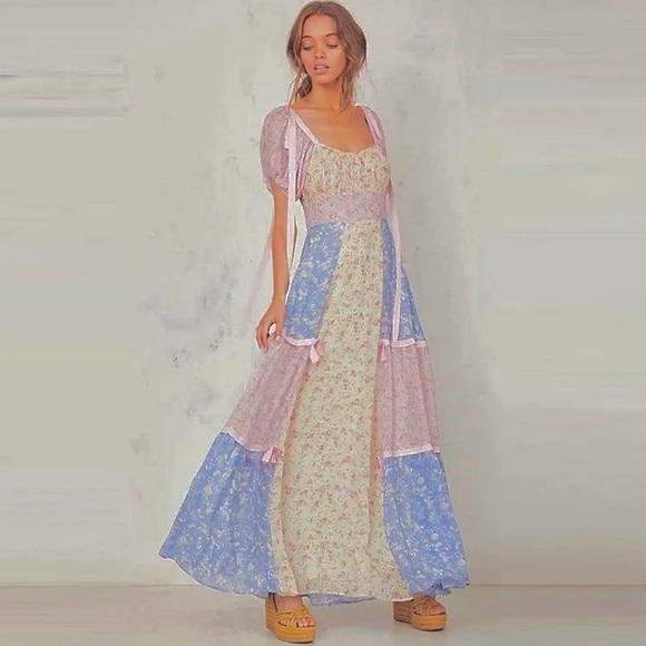 LOVESHACKFANCY Jessie ‘Inspired’ Patchwork Floral Print Midi Dress 🌻🩵🌸 - Picture 2 of 13